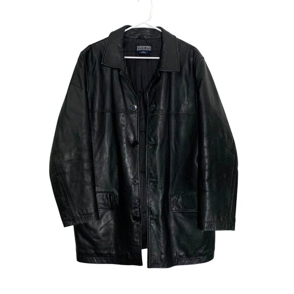 Vintage LANDS END Leather Blazer Coat Jacket Black Lined Wool Men SZ Med - Picture 1 of 10